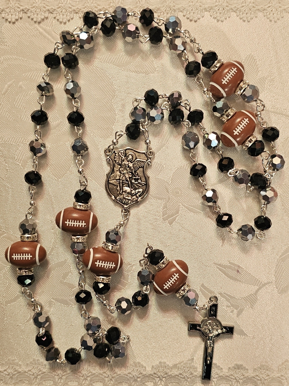 Handcrafted Football Rosary Las Vegas Raiders with Silver &  Black Beads